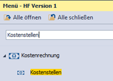 Kostenstellen Menü