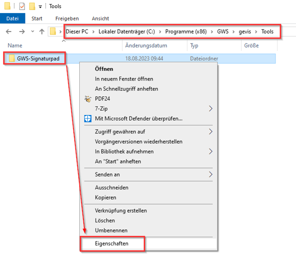 Ordner GWS-Signaturpad im Explorer